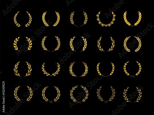 Golden laurel wreath. Winner award emblem with florist ornamental elements, victory certified symbol. Vector olive branch frame isolated set