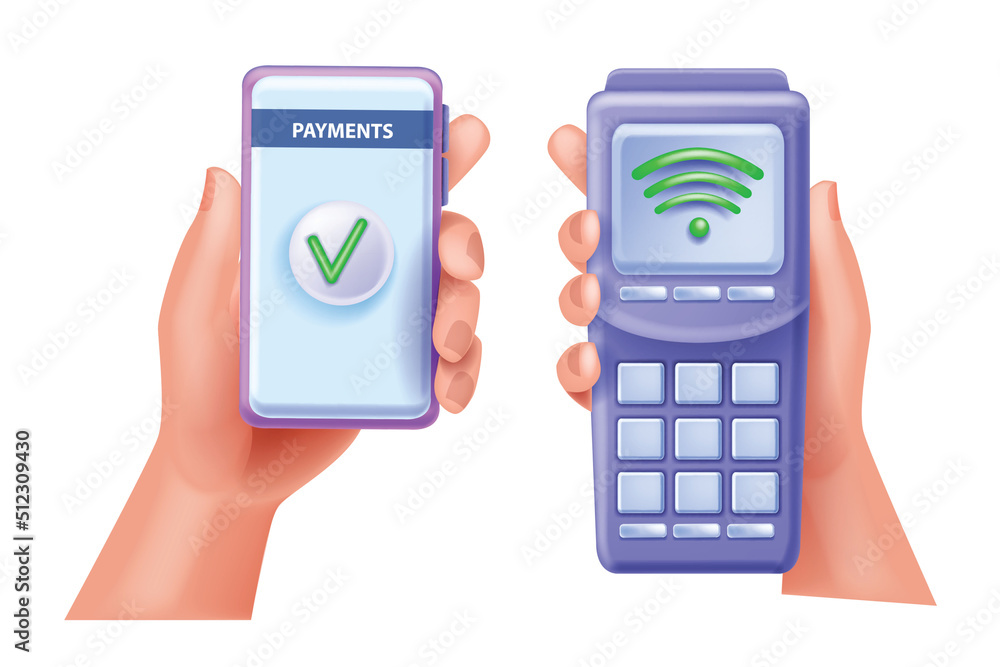 3D payment POS terminal, vector man hand holding smartphone, NFC online cashless transaction concept. Mobile banking process, digital success purchase icon. Contactless payment terminal illustration 3D payment POS terminal, vector man hand holding smartphone, NFC online cashless transaction concept. Mobile banking process, digital success purchase icon. Contactless payment terminal illustration