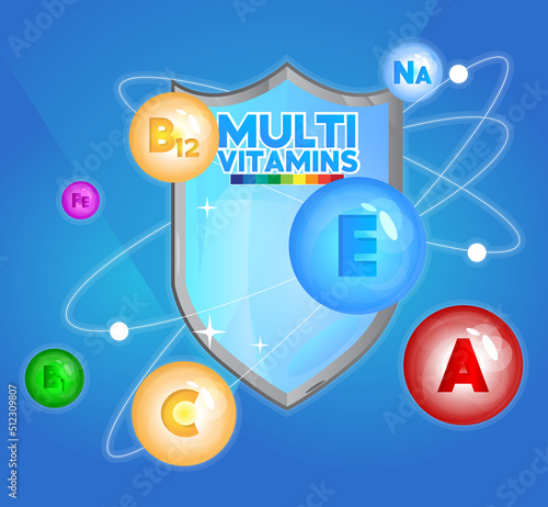 Multivitamin shield concept. Protect the body with vitamin and minerals. Stay healthy, flying vitamins icon.