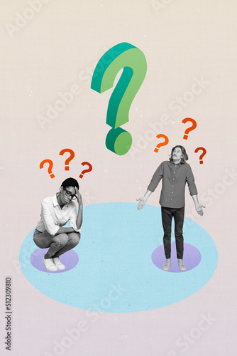 Canvas Print Banner collage of two colleagues solve task have no idea huge question mark appe
