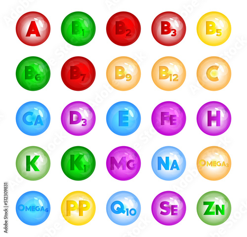 Multivitamin, Vitamin and minerals Vector icon collection. Vitamin A, B1, B2, B3, B5, B6, B7, B9, B12, C, Ca, D3, E, Fe, H, K, K1, Mg, Na, Omega3, Omega6, PP, Q10, Se, Zn icons set.
