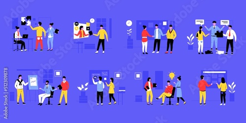 Team work characters. Group of business people working together, solving problem and brainstorming. Vector office employees perform work activity concept