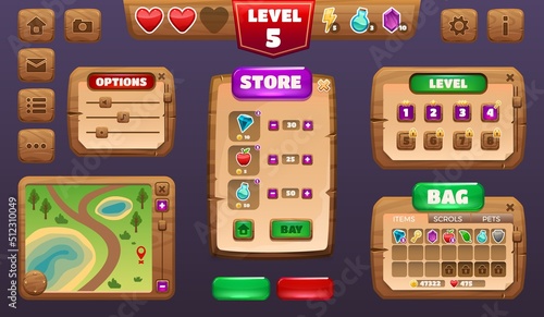 Game UI kit. Cartoon menu and interface constructor asset, RPG game elements, map level character inventory achievements table. Vector set