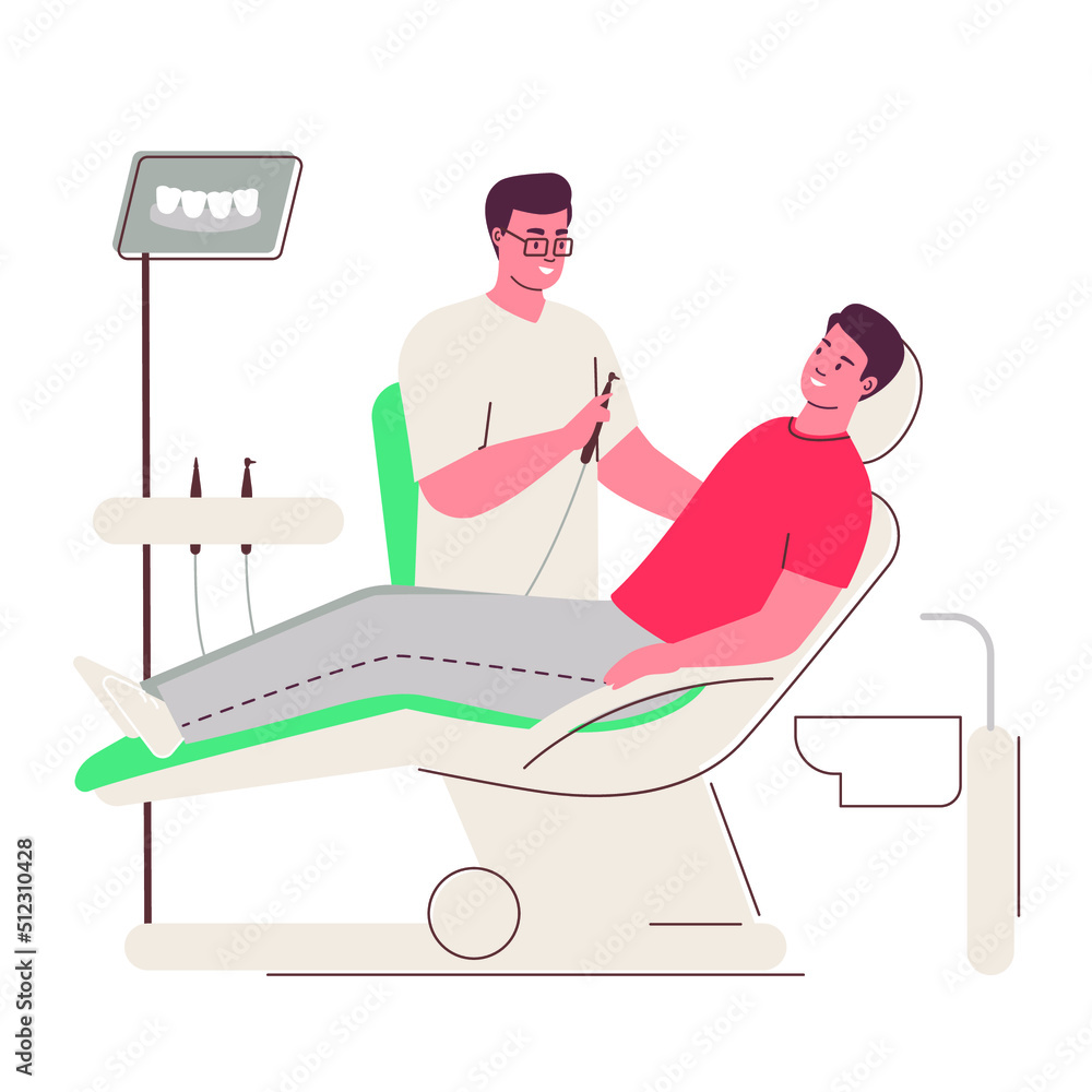Obraz premium Dentist. The patient is sitting in the dentist's chair. Tooth treatment. Dentistry Vector flat illustration