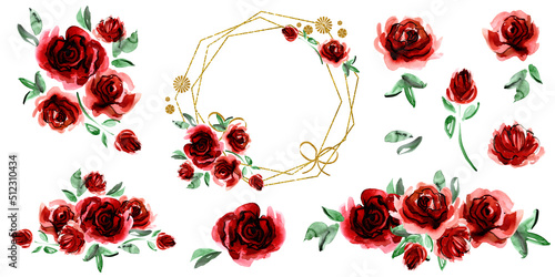 Fototapeta Naklejka Na Ścianę i Meble -  Watercolor hand painted floral set. Dark red roses. High quality illustration