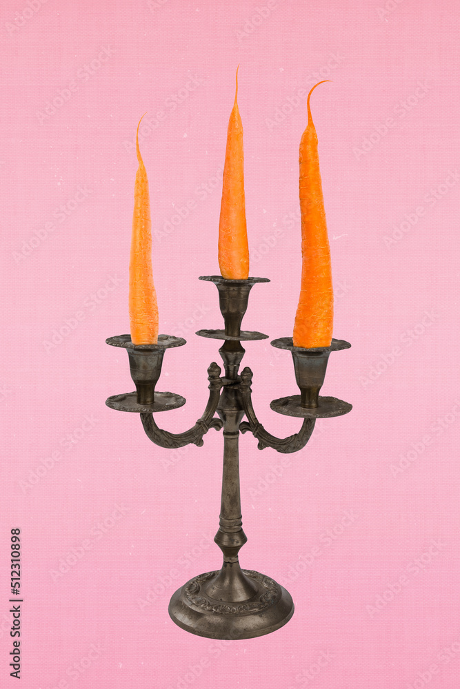 Image collage composition of candle holder with fire flame carrots isolated on pastel pink color background Image collage composition of candle holder with fire flame carrots isolated on pastel pink color background