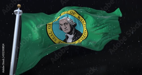 Flag of american state of Washington, United States, with rain in the night. Loop photo