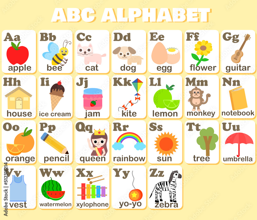 English alphabet flash card.ABC for kids.A to Z for children  education.Kindergarten or preschool concept.Flashcards with cute  characters.Learn to read.Words and pictures.Cartoon vector illustration.  Stock Vector