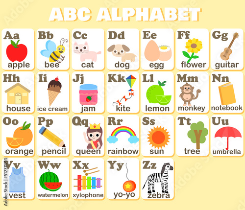 English alphabet flash card.ABC for kids.A to Z for children education.Kindergarten or preschool concept.Flashcards with cute characters.Learn to read.Words and pictures.Cartoon vector illustration.