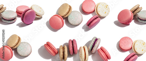 Different colorful French macarons isolated on white background. Culinary and cooking concept