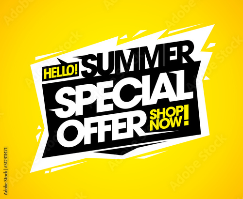 Summer special offer, shop now, sale vector web banner