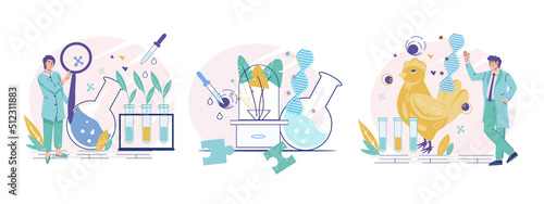 Gene modification of animals and plants and bioengineering. Banners depicting scientists creating genetically modified foods to fight hunger and increase crops and food security, flat vector isolated.