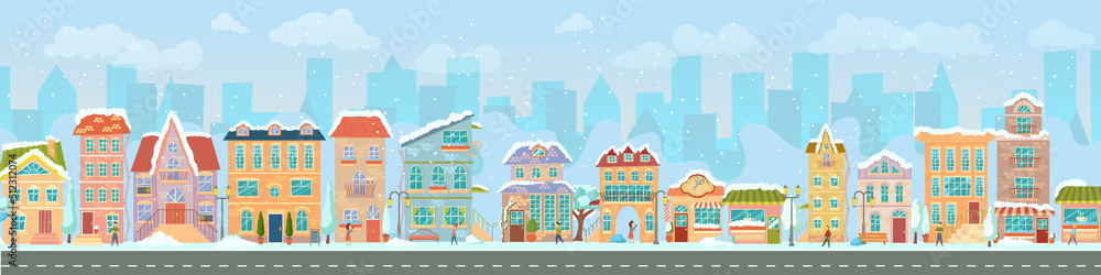 City street. Panoramic cityscape with bright houses, walking pedestrians, snow. Shop and stores. Winter city. Vector illustration in cartoon style.