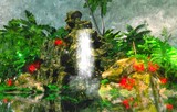 Green jungle with waterfall and crocodile