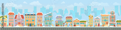 City street. Panoramic cityscape with bright houses, walking pedestrians, snow. Shop and stores. Winter city. Vector illustration in cartoon style.