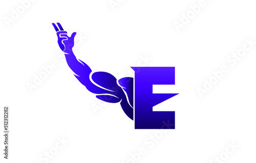 Letter E Logo With muscular open bicep shape. Fitness Gym logo.