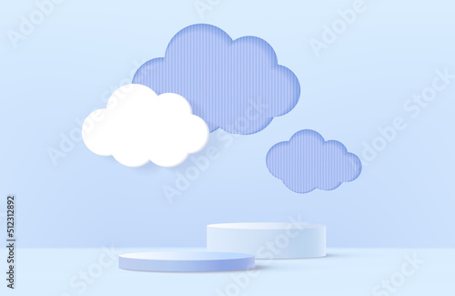 3d blue rendering with podium and cloud white scene.
