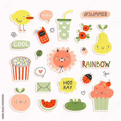 Vector set of cute bright summer stickers. Funny cartoon characters, doodles and hand drawn phrases.