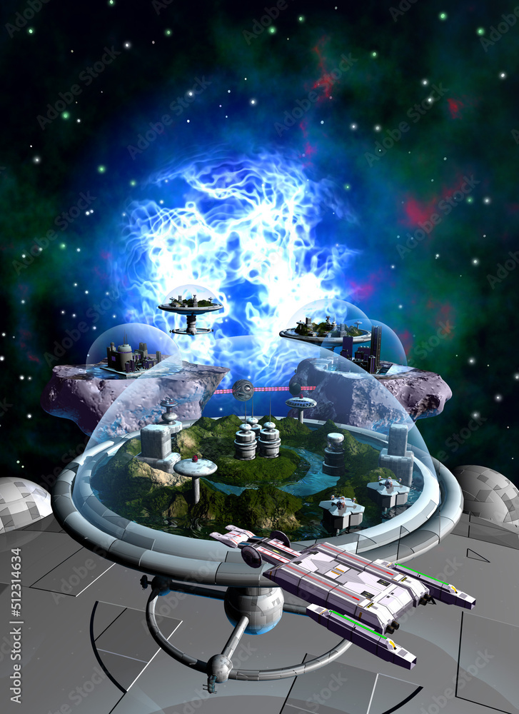 spaceships and space base in space, in the background a nebula and dark ...