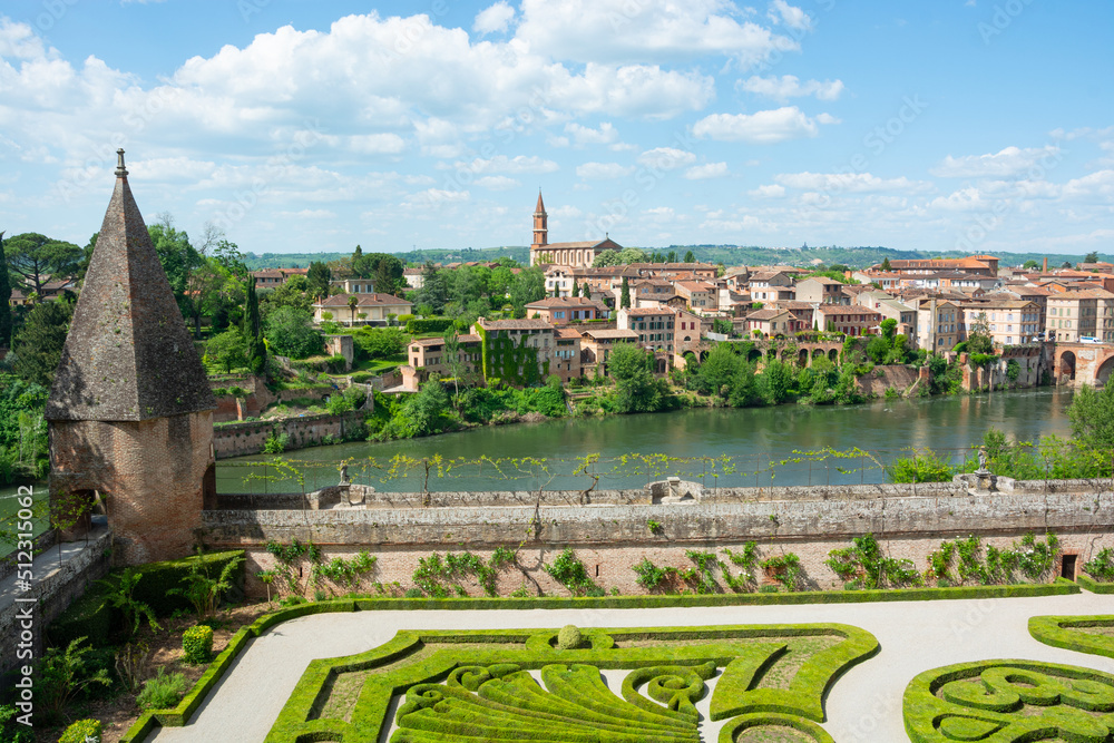 View of the Tarn River and a garden in the Toulouse-Lautrec museum in Albi in France.