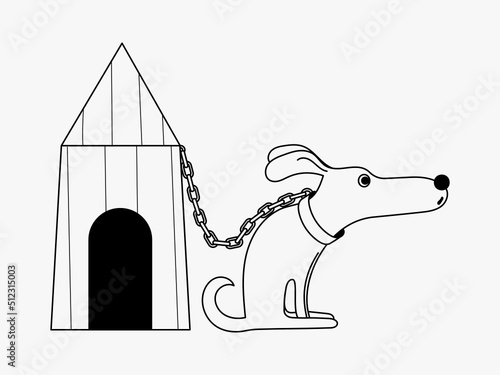 The dog sits on a chain near the booth. Sad dog. Vector outline illustration.