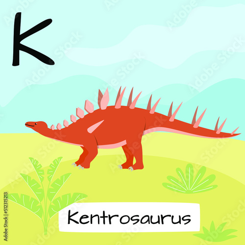 Kentrosaurus dinosaur. Letter K. Children's alphabet education. Vector illustration of a prehistoric dinosaur.