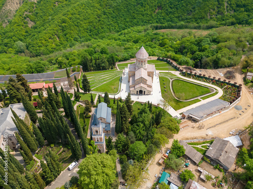 An aerial view of the Monastery of St. Nino at Bodbe, Kakheti, Georgia photo