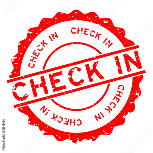Grunge red check in word round rubber seal stamp on white background