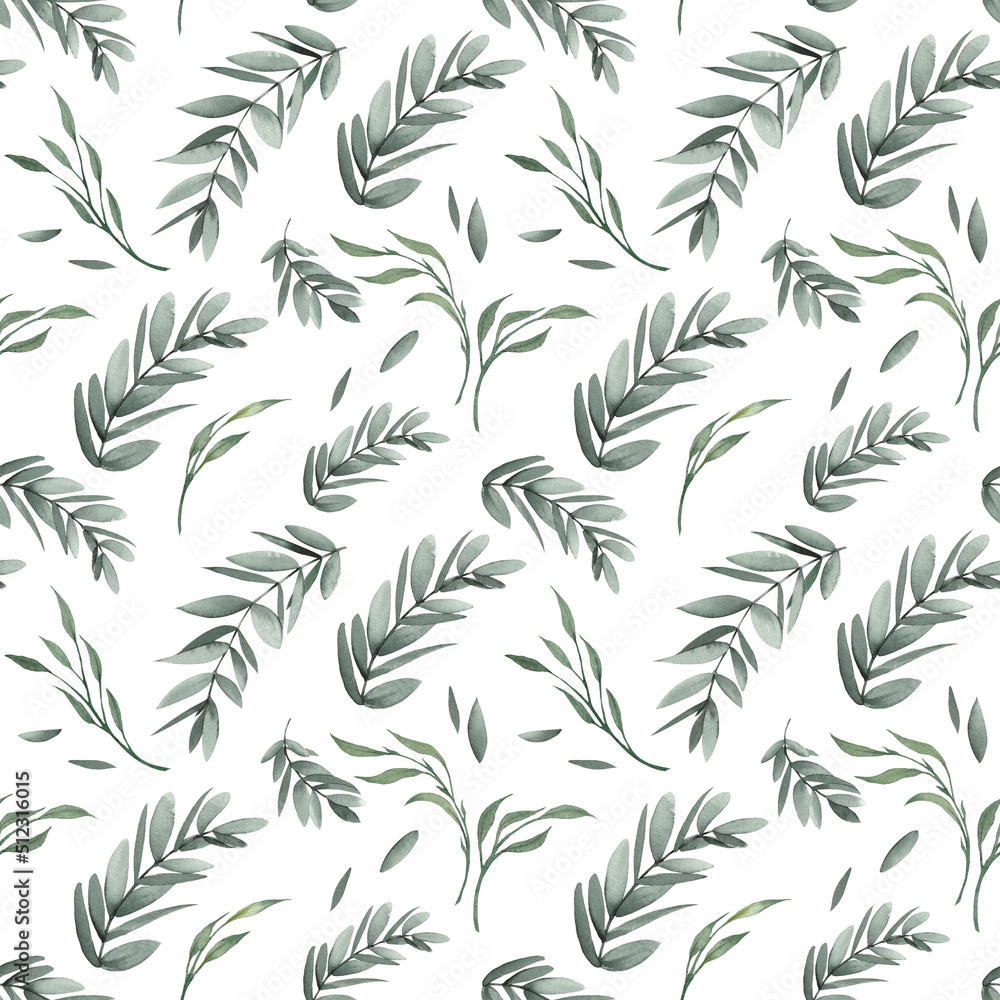 Seamless pattern with green leaves and branches. Watercolor illustration on white background.