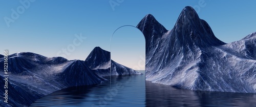 3d render. Abstract surreal seascape background with rocky mountains and mirror arches. Fantastic landscape wallpaper