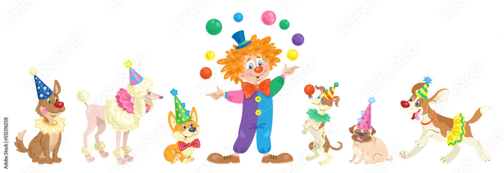 Funny clown juggler with a group of cute circus dogs. In cartoon style. Isolated on white background. Vector illustration. Funny clown juggler with a group of cute circus dogs. In cartoon style. Isolated on white background. Vector illustration.