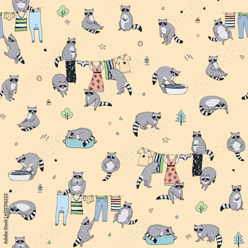 Raccoon forest animal vector seamless pattern