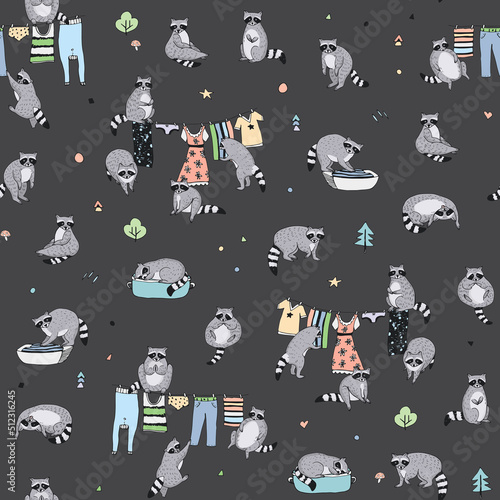 Raccoon forest animal vector seamless pattern