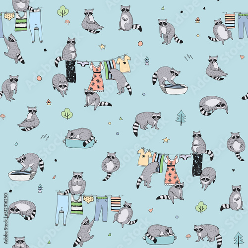 Raccoon forest animal vector seamless pattern