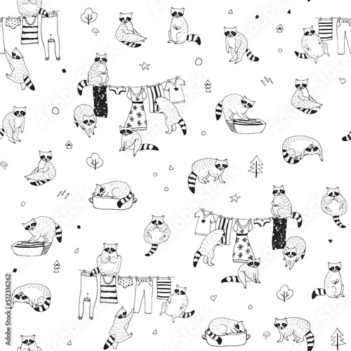 Raccoon forest animal vector seamless pattern