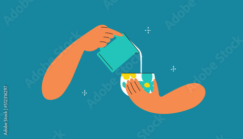 Barista hands making coffee latte art. Isolated human hand pouring milk from pitcher to floral ceramic cup. Preparing cappuccino vector illustration. Coffeehouse drink icon, white beverage, coffee mug