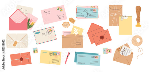 Collection of various vector envelopes with postage stamps, postcards. A set of different envelopes made of kraft paper, sealing wax, printing. Envelopes isolated on a white background