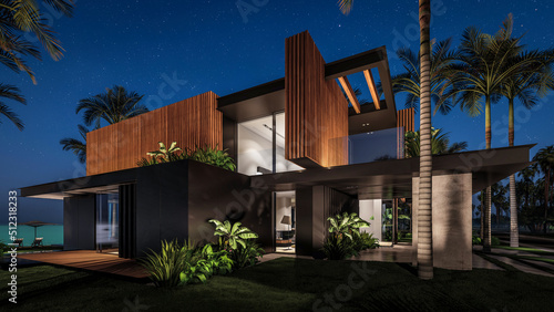3d rendering of modern cozy house with parking and pool for sale or rent with wood plank facade by the sea or ocean. Starlight night by the azure coast with palm trees and flowers in tropical island