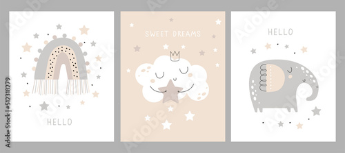 Cute baby card set, posters with bunny, elephant, moon. For baby room, greeting cards and baby t-shirts. Vector illustrations