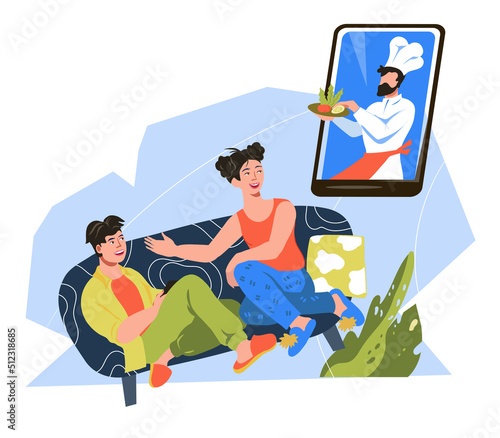 Takeout restaurant food delivery and takeaway services banner template with people making meal order from home, flat vector illustration isolated on white.