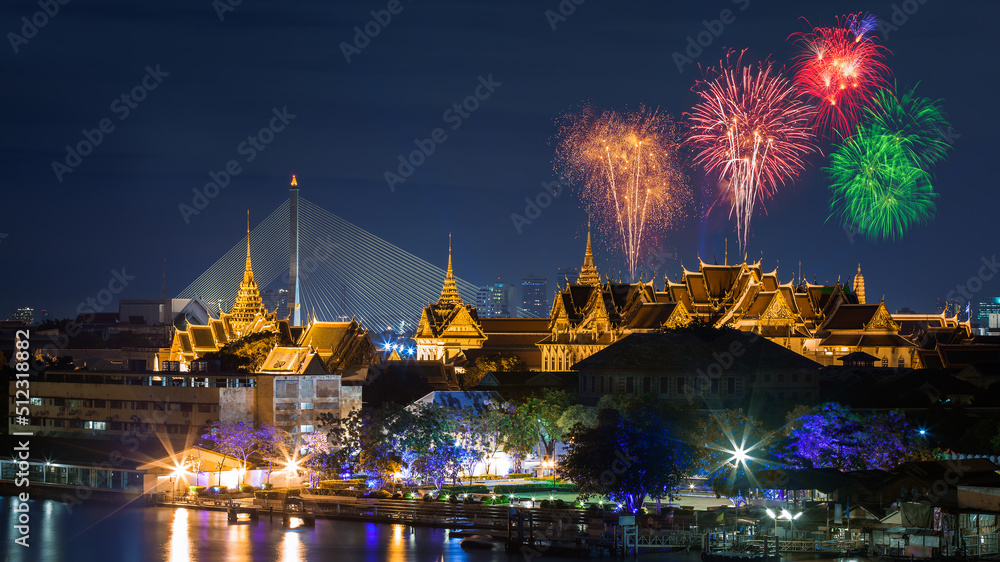 Grand palace at twilight with Colorful Fireworks (Bangkok, Thailand)