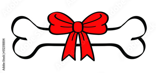 Cartoon dog bone with bow and knot icon or pictogram. Vector dog bones as a gift with ribbon. Bite sign. Hound logo or symbol. Sale concept. Deal and ribbons. Footsteps or footprints.