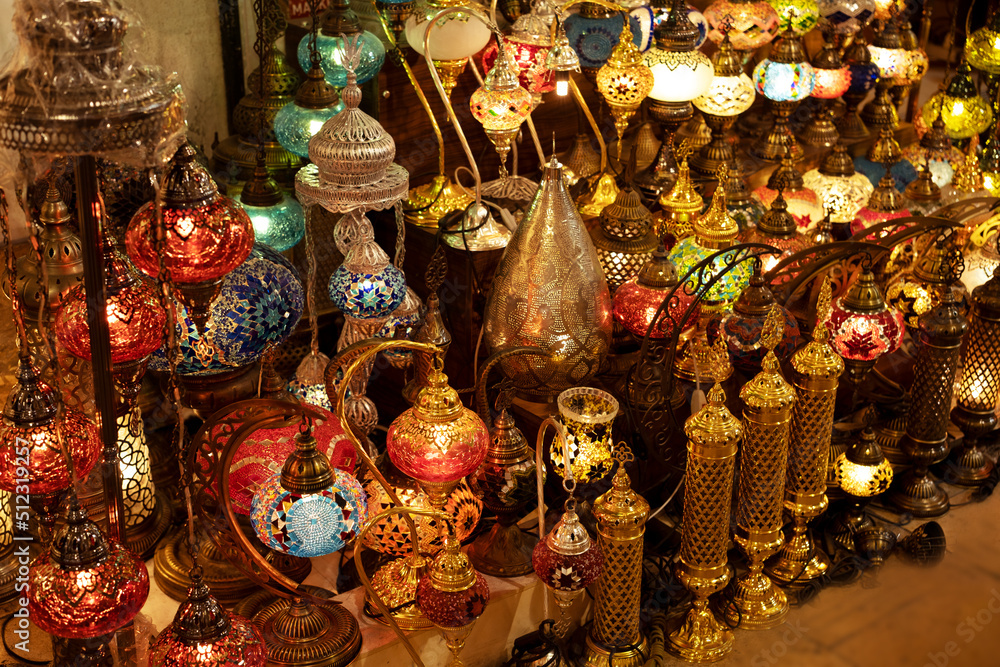 Beautiful bright lumenious lamps at Grand Bazaar,Istanbul,Turkey.Colorful background,souvenirs, decoration concept
