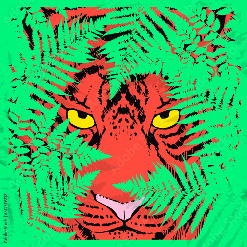 The face of a tiger in a thicket of ferns. Vector illustration