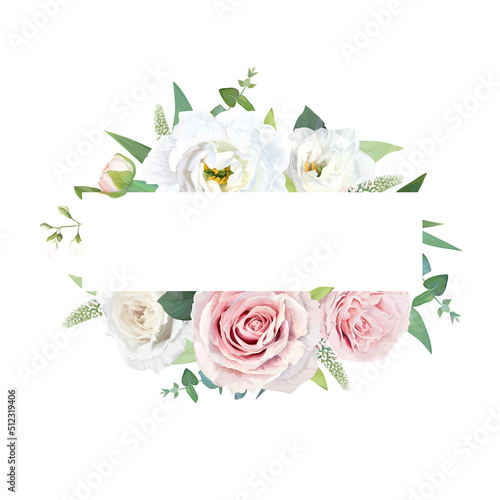 Delicate, vector, floral wedding invitation, greeting, save the date card. Watercolor blush pink, white garden rose flowers, green eucalyptus leaves bouquet frame, border design. Editable illustration