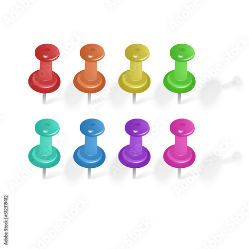 Set of push pins in different colors. Thumbtacks. Top view. Vector illustration. Isolated on white