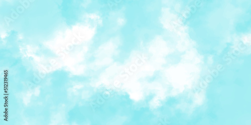 Abstract light blue watercolor painted sky mottled blue background with vintage marbled textured design on cloudy sky blue banner panoramic background. Soft clouds in blue sky watercolor.  