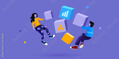 Flying people sorting data cubes. Business audit concept.