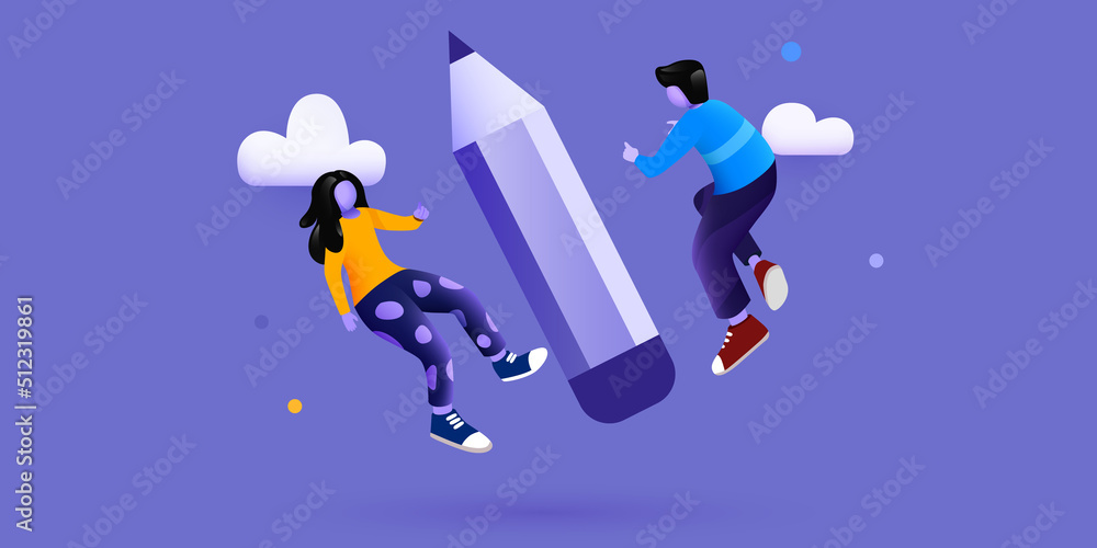 Little people fly around big pencil. Creativity concept. Landing page, banner or flyer template.