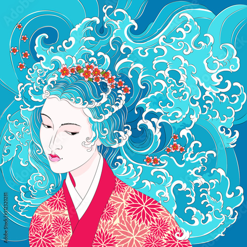 Vector illustration in Asian style. A geisha with waves instead of hair and cherry blossoms. in a kimono with an ornament of chrysanthemums